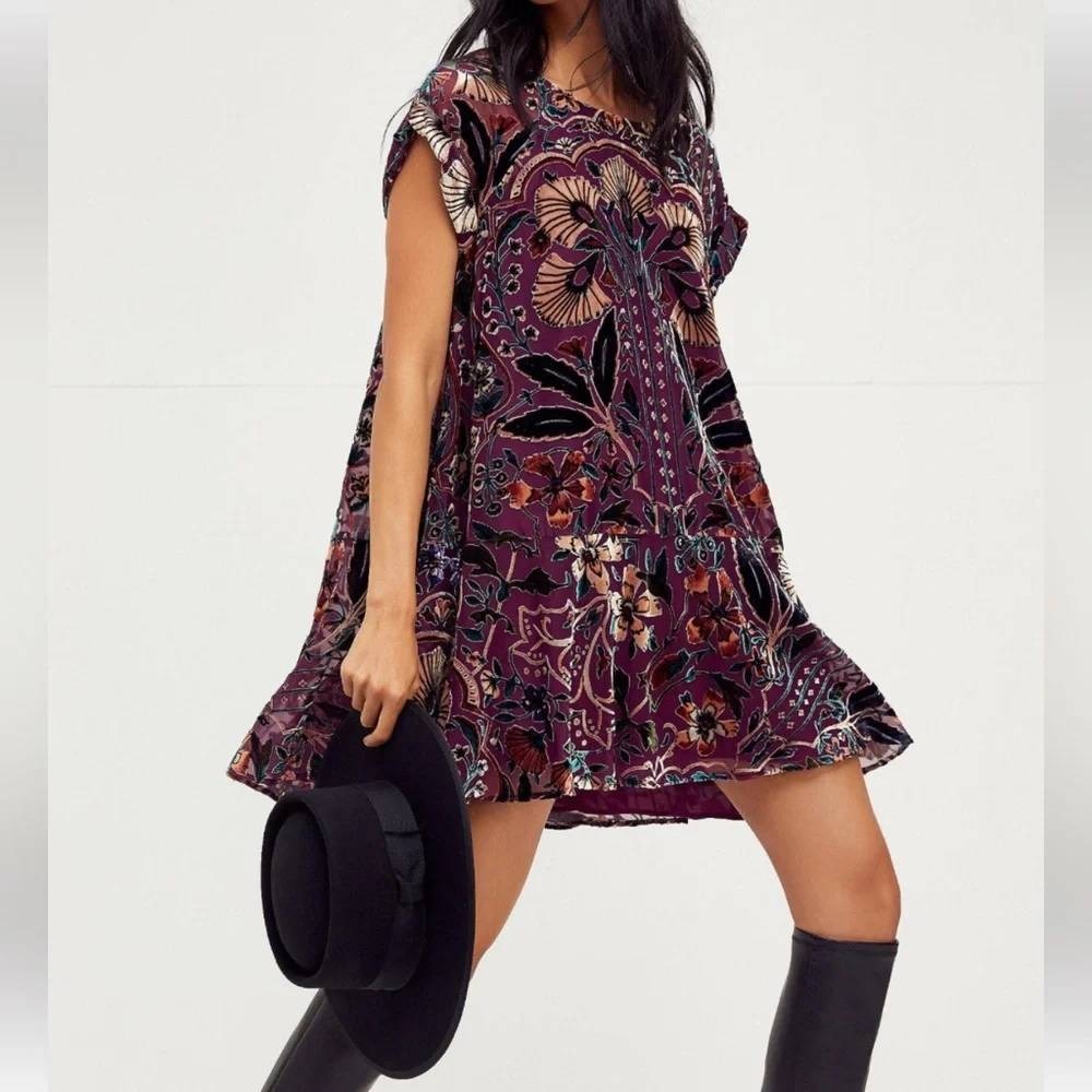 Free People Strawberry Fields Burnout Velvet Mini Dress Plum Purple M - Picture 10 of 10